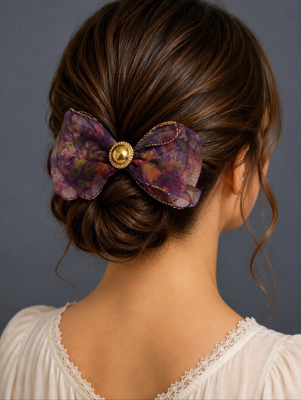 Vintage Purple Floral Sheer Bow Hair Barrette